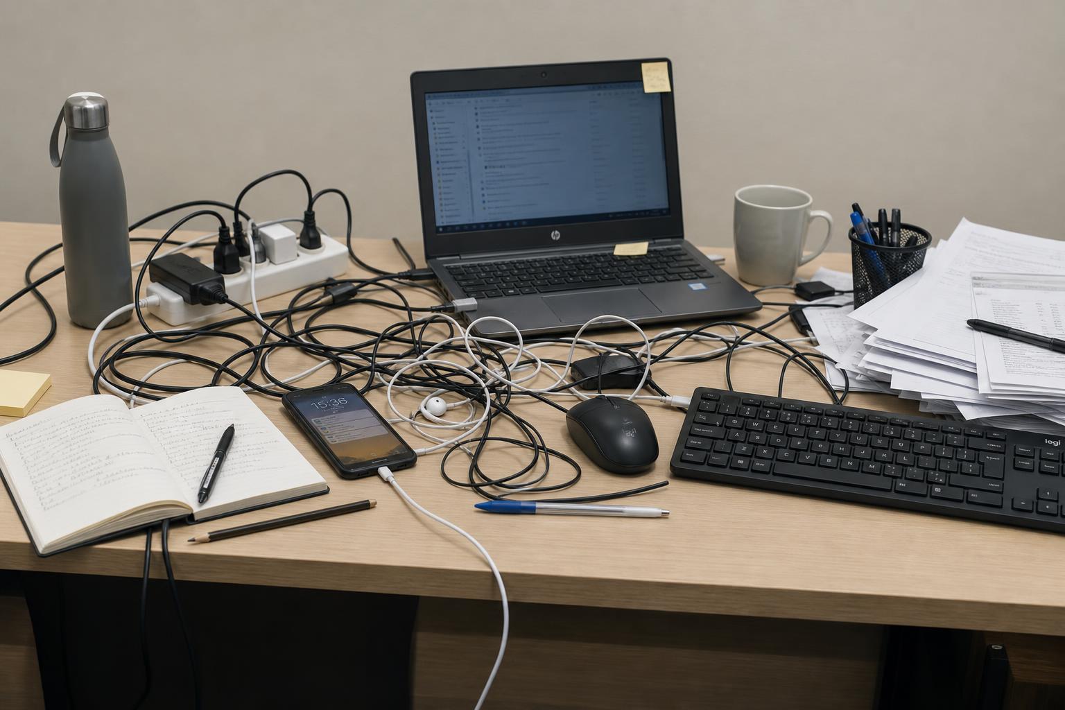 Messy workspace before NovaDesk
